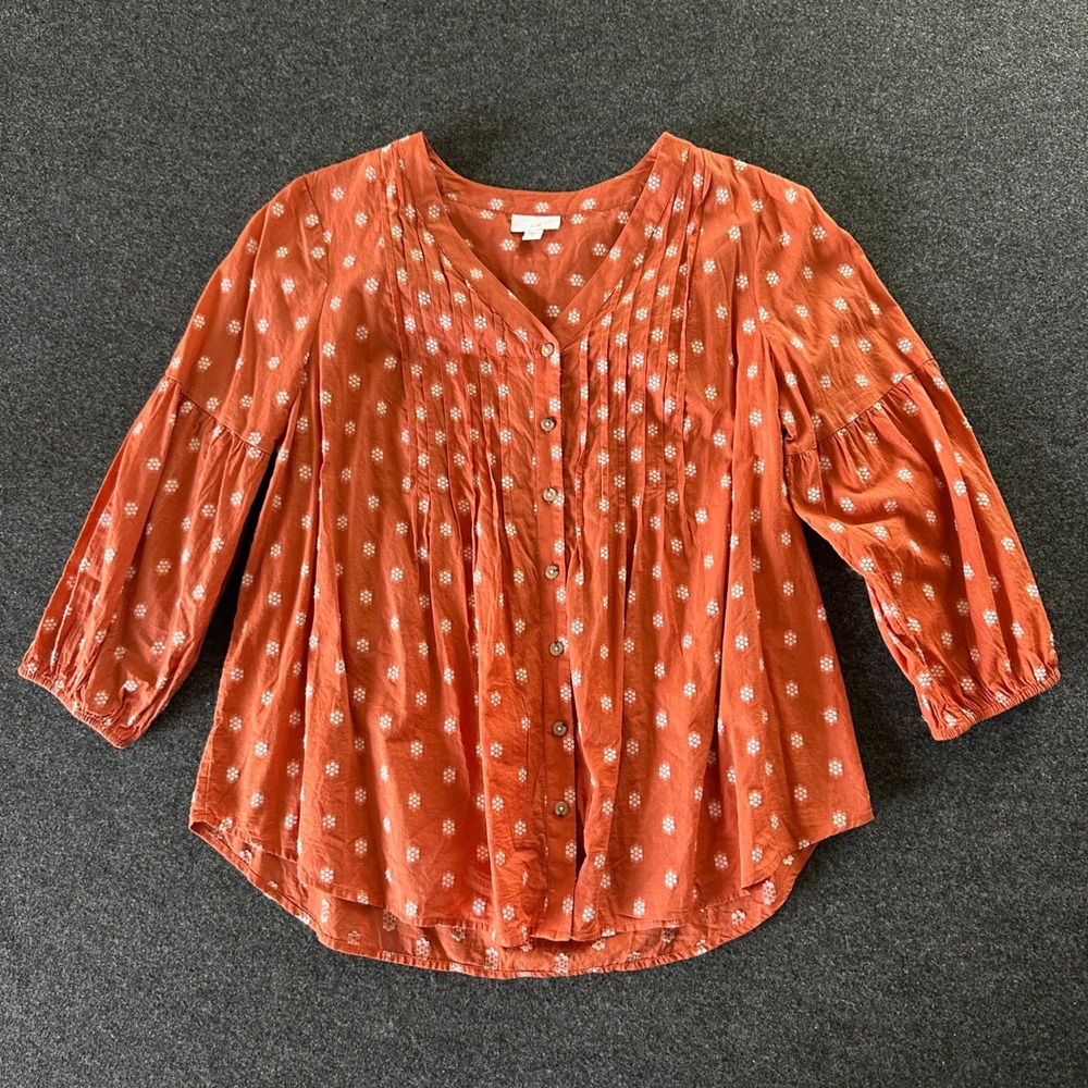 J. Jill Rust Orange Floral Dobby Pintuck V-Neck Button Front Blouse Large Womens